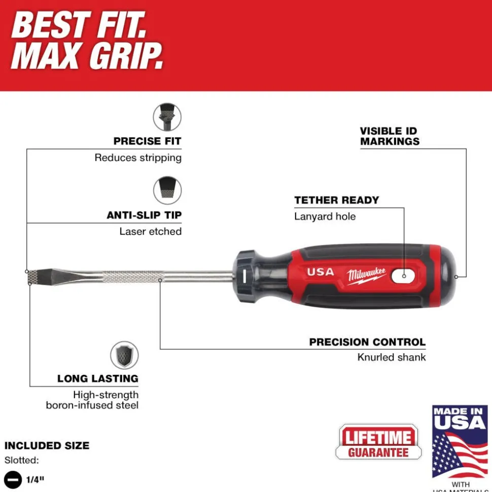 Milwaukee 1/4" Slotted 4" Cushion Grip Screwdriver (USA) MT206