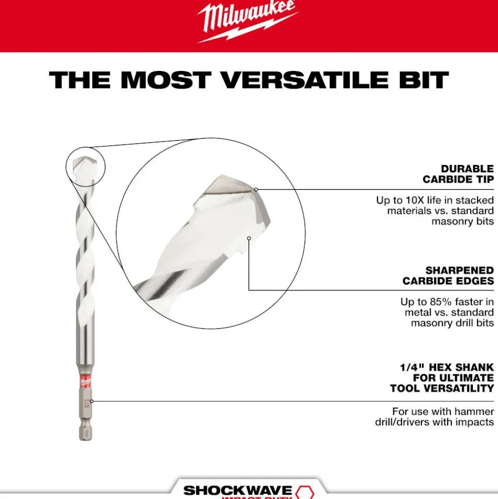 Milwaukee 3/8" x 10" x 12" SHOCKWAVE Impact Duty Carbide Multi-Material Drill Bit 48-20-8891