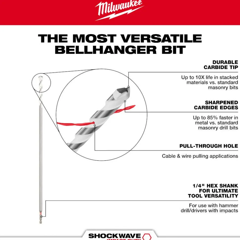 Milwaukee 1/4" x 16" x 18" SHOCKWAVE Impact Duty Carbide Bellhanger Multi-Material Bit 48-20-8860