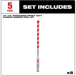 Milwaukee 1/4" x 4" x 6" SHOCKWAVE Impact Duty Carbide Hammer Drill Bits - Bulk 5 PK 48-20-9162