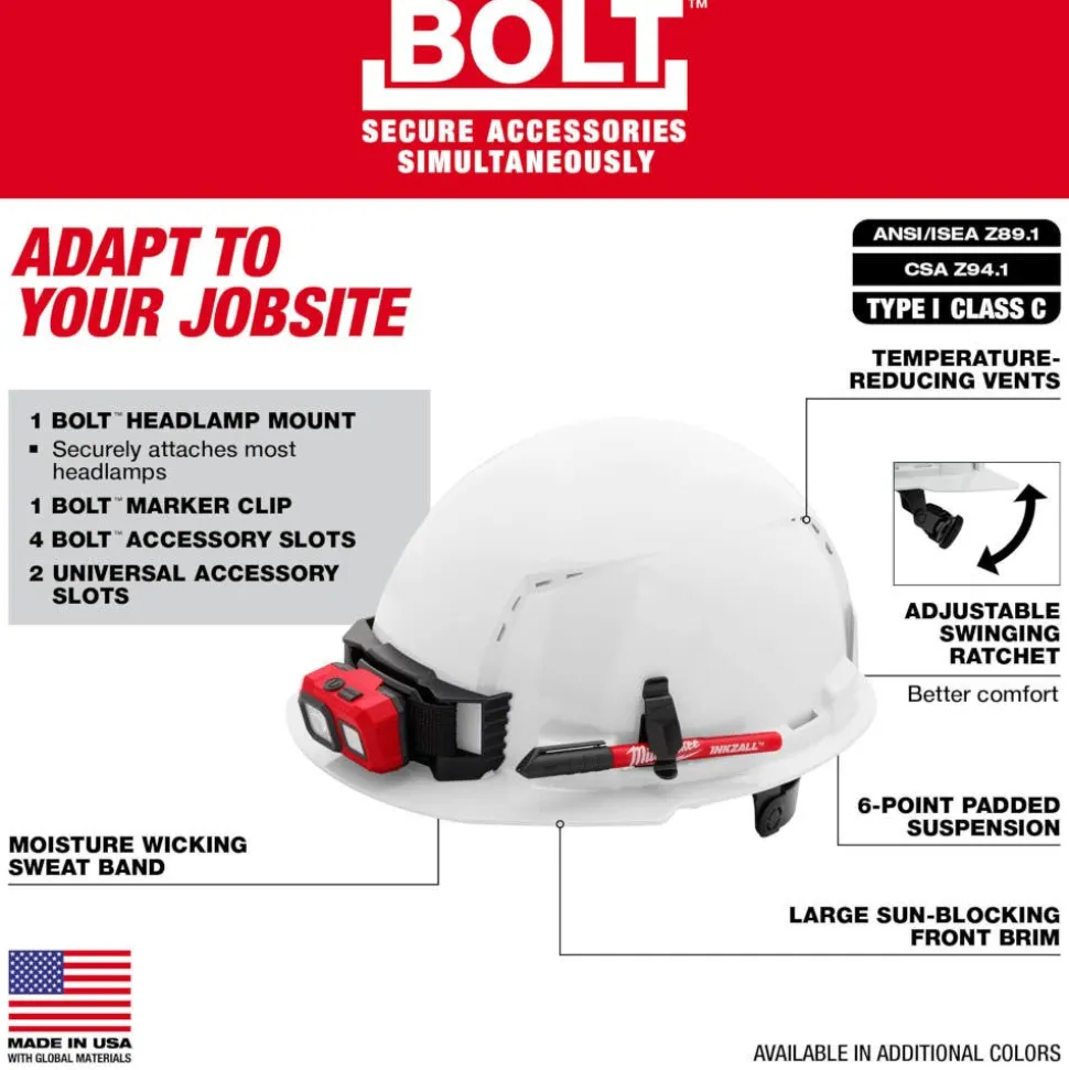 Milwaukee BOLT Hard Hat Vented, Class C Front Brim 6pt Suspension - Yellow 48-73-1222