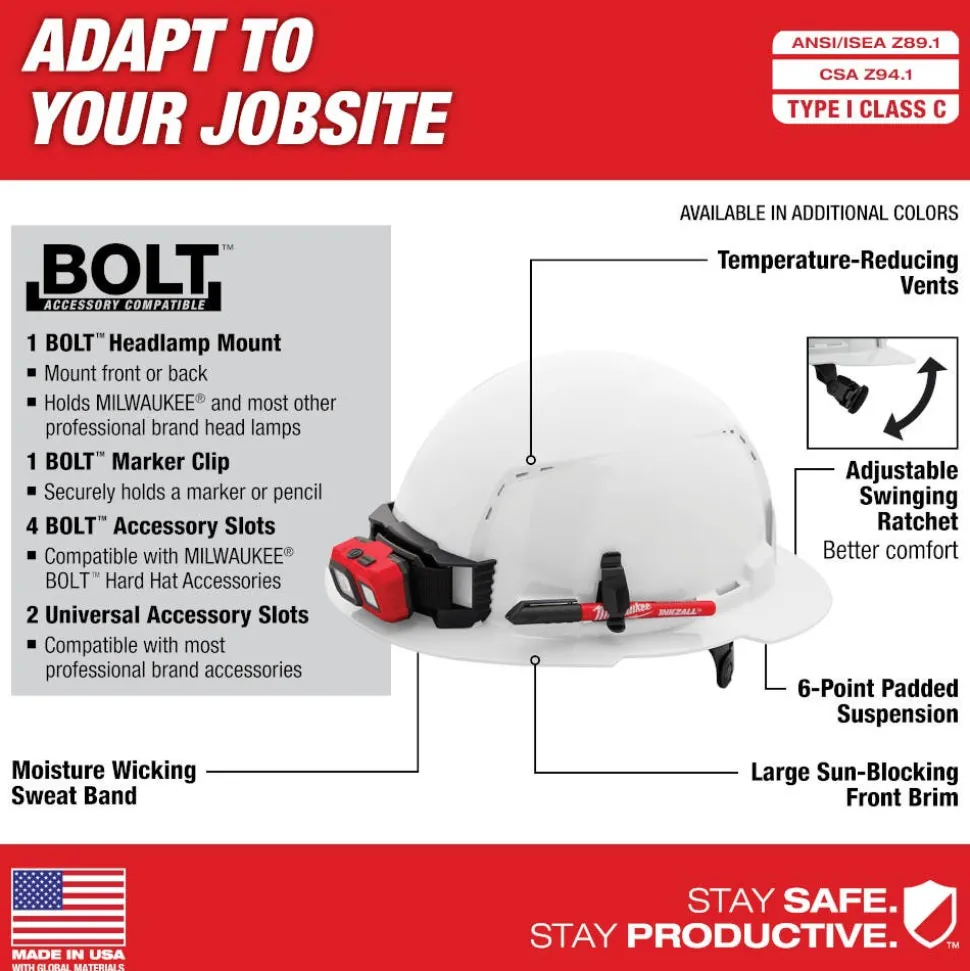 Milwaukee BOLT Hard Hat Vented, Class C Full Brim 6pt Suspension - Black 48-73-1231