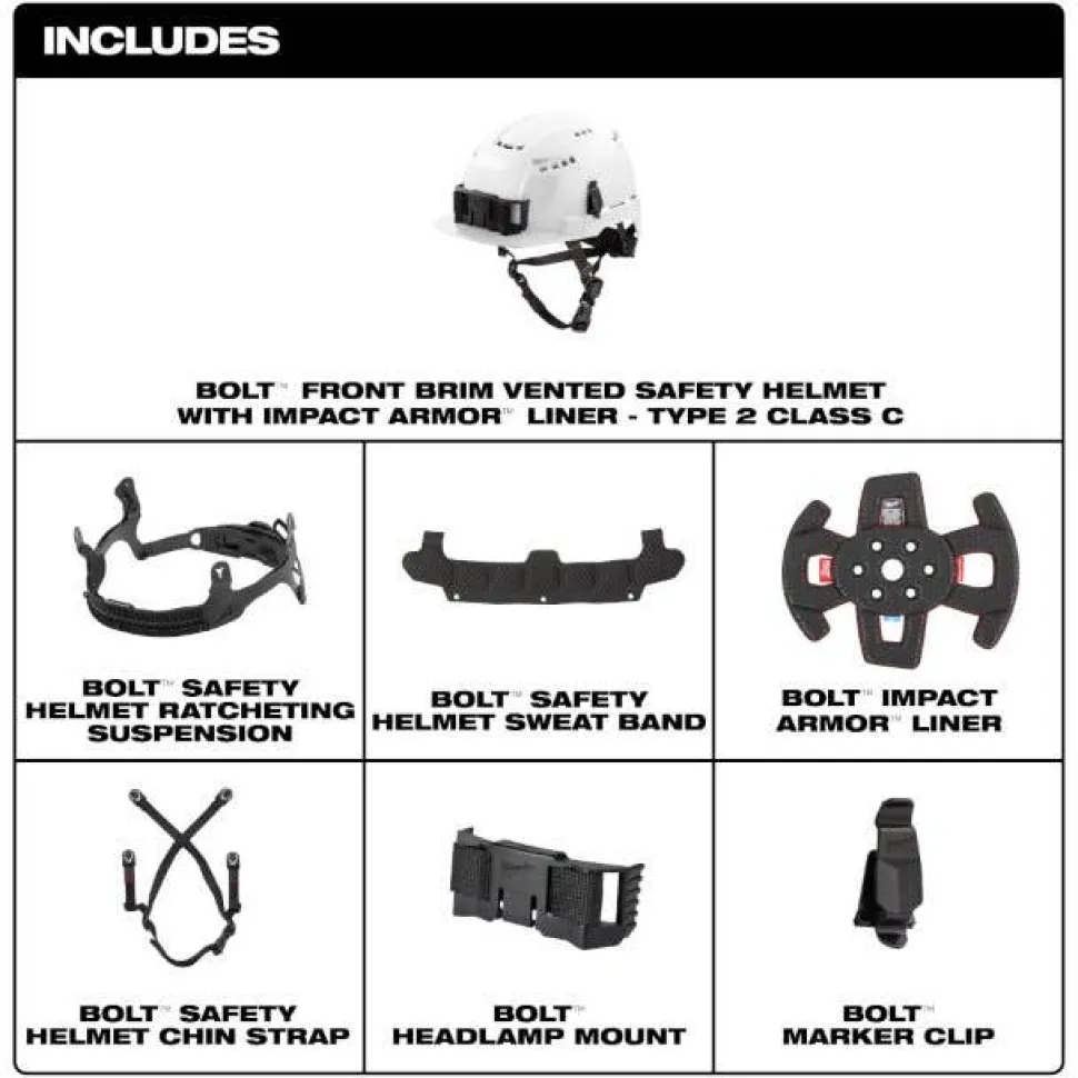 Milwaukee BOLT Type 2, Class C Vented Front Brim Safety Helmet w/ IMPACT ARMOR Liner - Green 48-73-1370