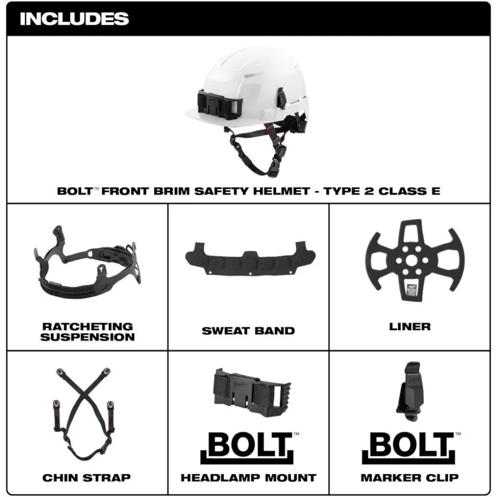 Milwaukee BOLT Type 2, Class E Unvented Front Brim Safety Helmet - Grey 48-73-1335