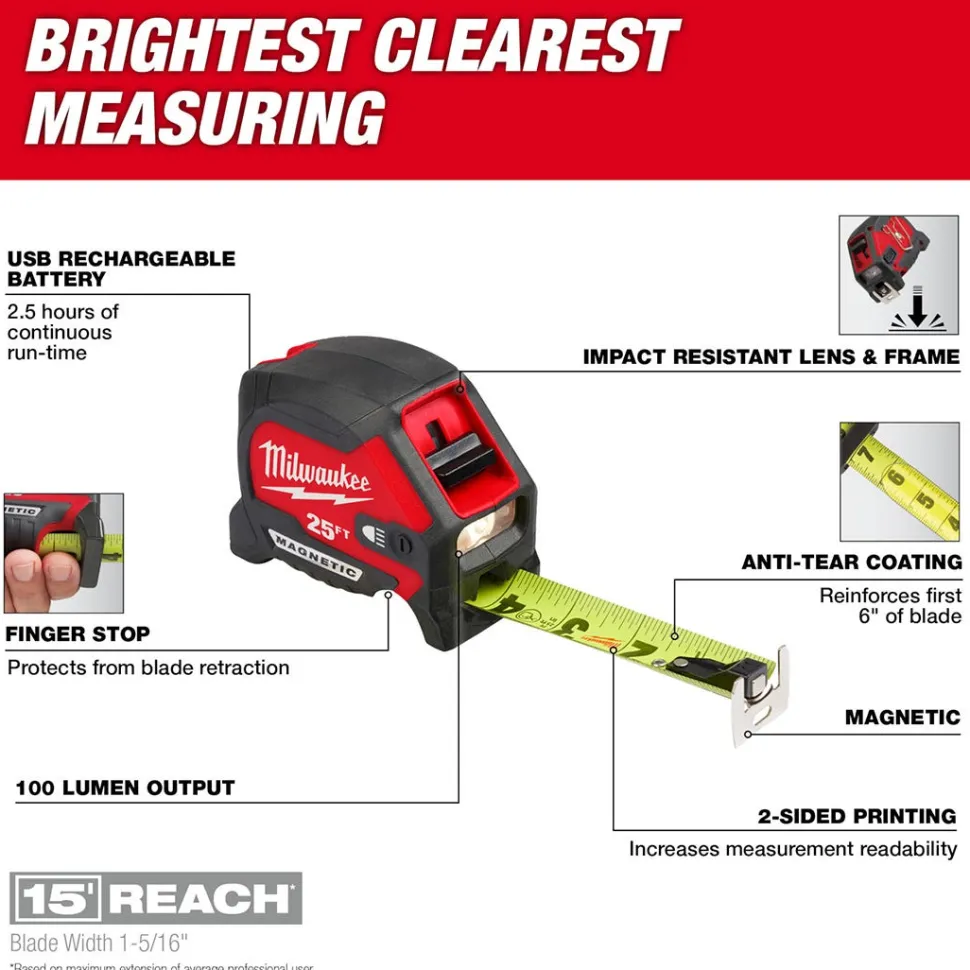 Milwaukee 25ft Compact Wide Blade Magnetic Tape Measure w/ Rechargeable 100L Light 48-22-0428