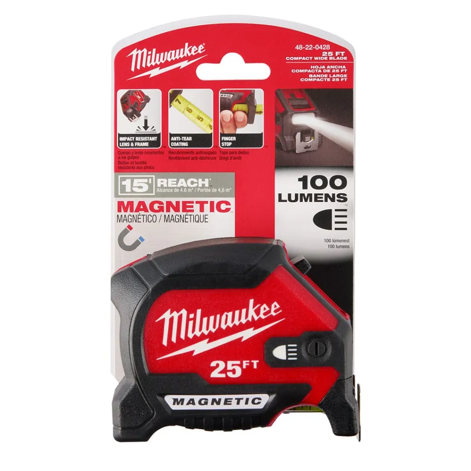 Milwaukee 25ft Compact Wide Blade Magnetic Tape Measure w/ Rechargeable 100L Light 48-22-0428