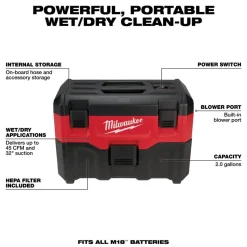 Milwaukee M18 Cordless 2 Gallon Wet/Dry HEPA Vacuum 0880-20