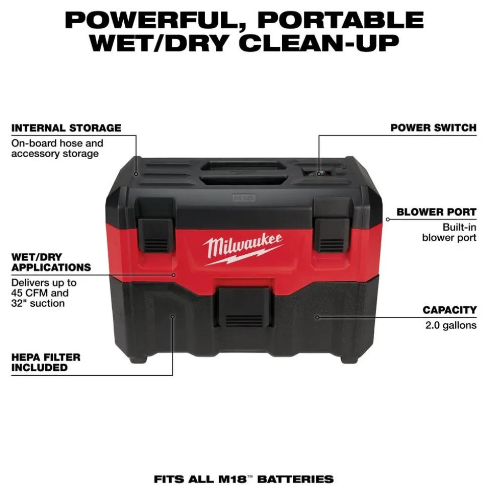 Milwaukee M18 Cordless 2 Gallon Wet/Dry HEPA Vacuum 0880-20