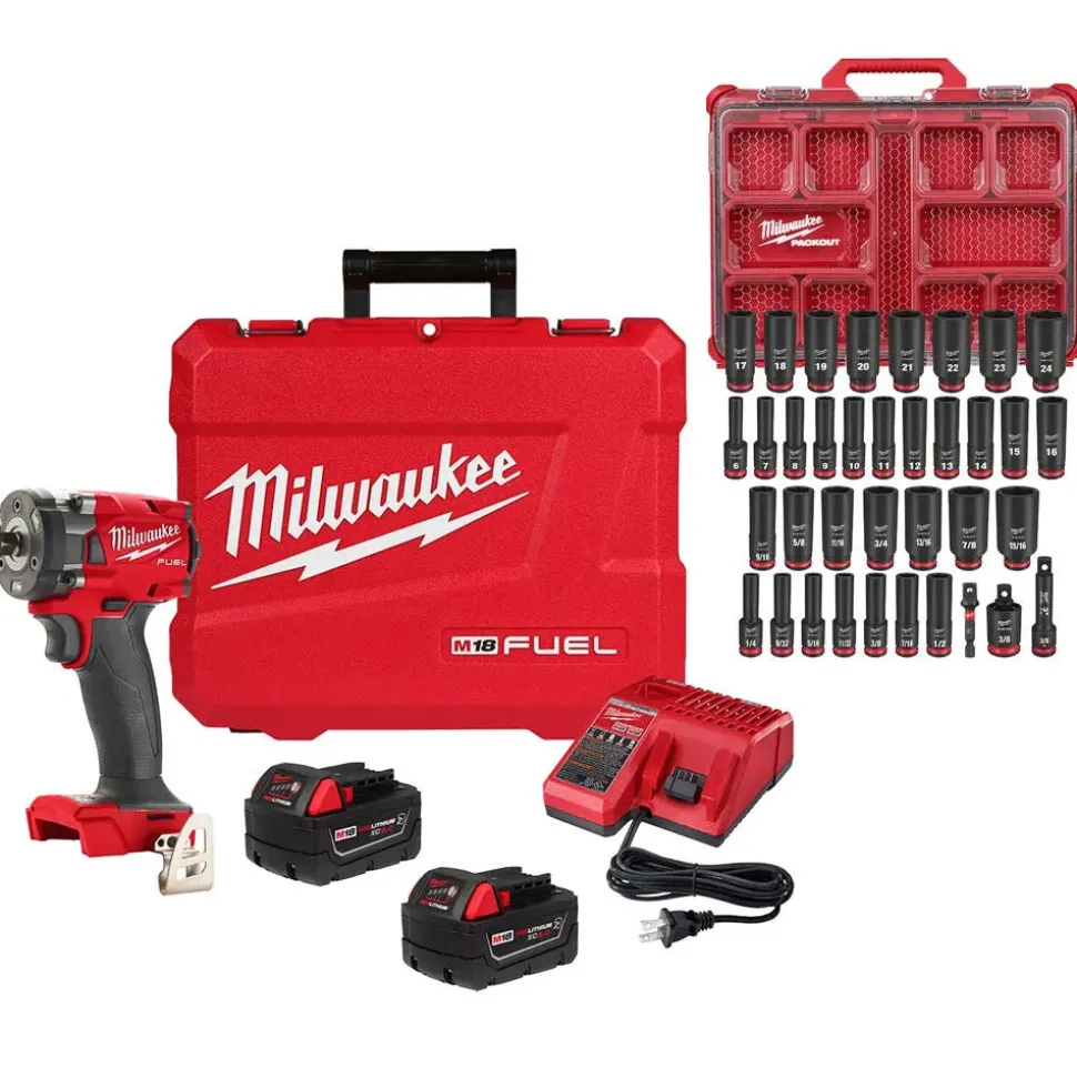 Milwaukee M18 FUEL 3/8 " Compact Impact Wrench Friction Ring Kit + 36pc. Impact Duty 3/8" Drive Metric/SAE PACKOUT Deep Socket Set Bundle KIT-2854-22R-49-66-6805
