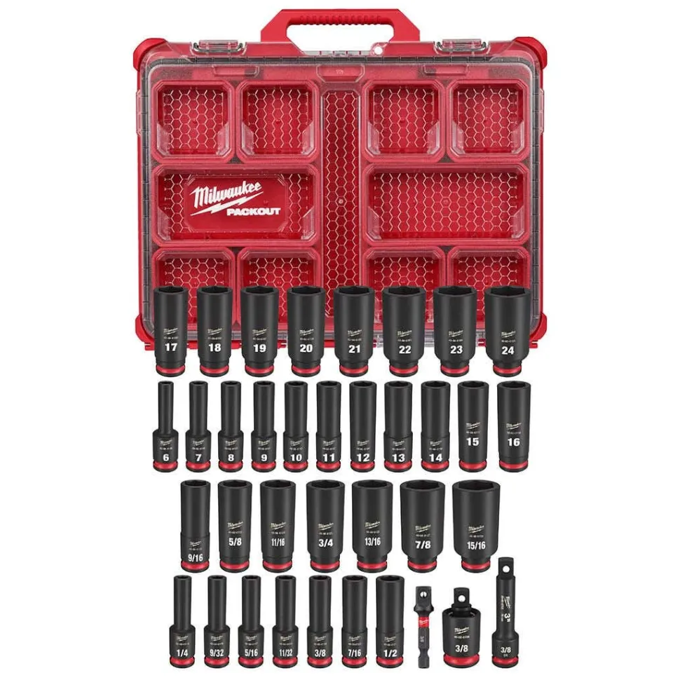 Milwaukee M18 FUEL 3/8 " Compact Impact Wrench Friction Ring Kit + 36pc. Impact Duty 3/8" Drive Metric/SAE PACKOUT Deep Socket Set Bundle KIT-2854-22R-49-66-6805