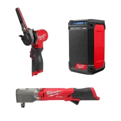 Milwaukee M12 FUEL 3/8" Bandfile, 1/2" Right Angle Impact Wrench & Radio/Charger Bare Tool Bundle