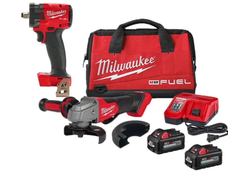 Milwaukee M18 FUEL 5" Braking Grinder w/ ONE-KEY Paddle Switch, No Lock & M18 FUEL 1/2" Compact Impact Wrench w/ Friction Ring Bare Tool