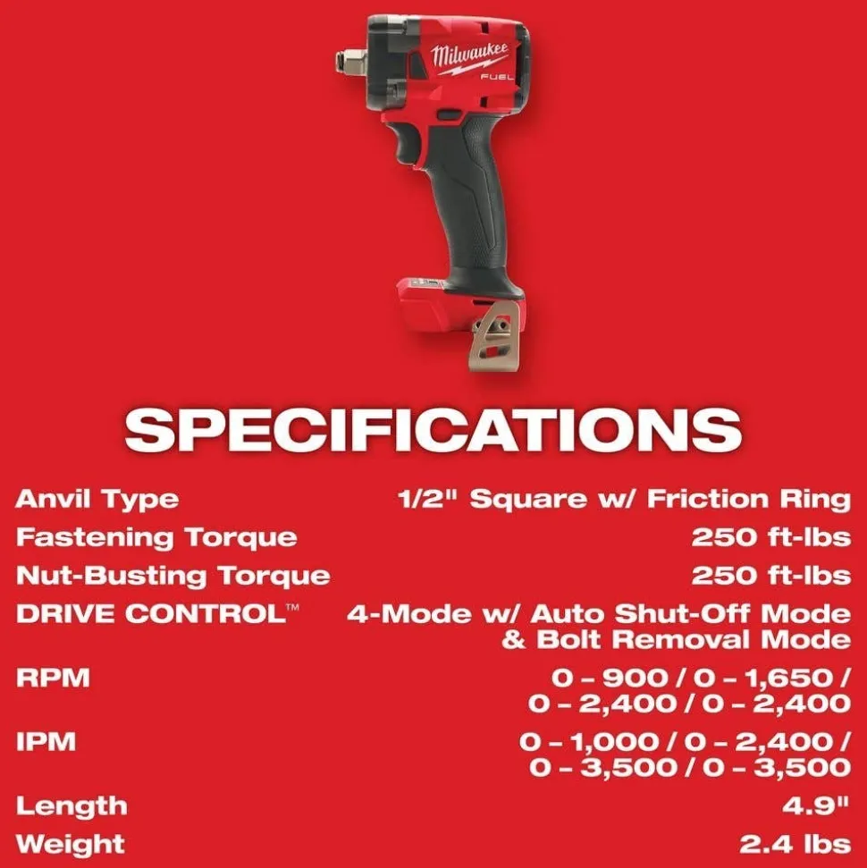 Milwaukee M18 FUEL 5" Braking Grinder w/ ONE-KEY Paddle Switch, No Lock & M18 FUEL 1/2 " Compact Impact Wrench w/ Friction Ring Bare Tool