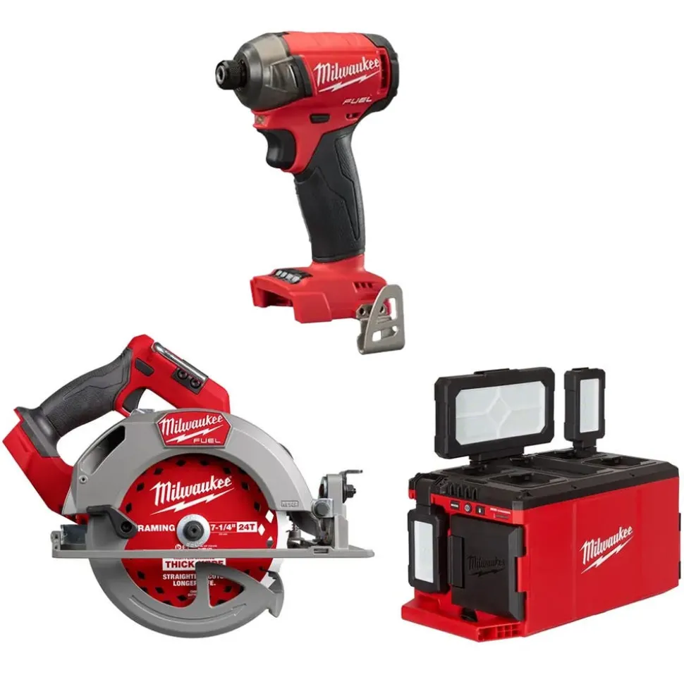 Milwaukee M18 FUEL 7-1/4" Circular Saw, SURGE 1/4" Hex Hydraulic Driver & PACKOUT Light/Charger Bare Tool Bundle