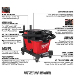 Milwaukee M18 FUEL 6 Gallon Wet/Dry Vacuum & Vacuum Tool Storage Bag & AIR-TIP 4-in-1 Right Angle Cleaning Tool 0910-20 & 49-90-2019 & 49-90-2026