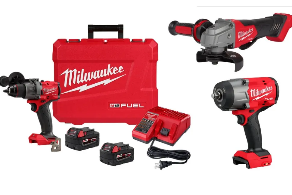 Milwaukee M18 FUEL 1/2" Hammer Drill/Driver Kit & M18 FUEL 1/2" High Torque Impact Wrench w/ Friction Ring & M18 FUEL 4-1/2" / 5" Braking Grinder Paddle Switch, No-Lock 2904-22 & 2967-20 & 2880-20