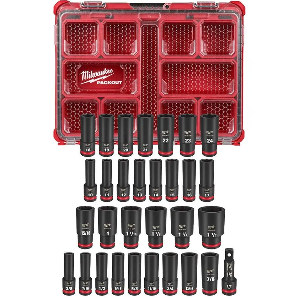 Milwaukee M18 FUEL 1/2" High Torque Impact Wrench Friction Ring Kit + 31pc. Impact Duty Metric/SAE PACKOUT Deep Socket Set Bundle KIT-2967-22-49-66-6806