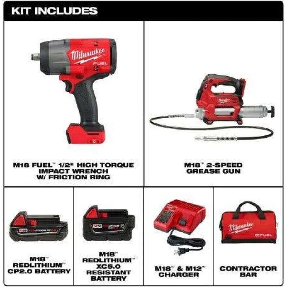 Milwaukee M18 FUEL 1/2" HTIW w/ Friction Ring & Grease Gun Combo Kit 2967-22GG