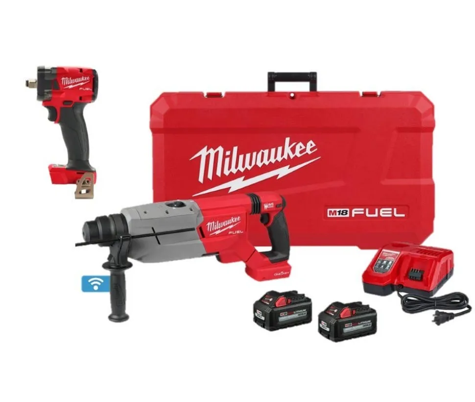 Milwaukee M18 FUEL 1-1/4" SDS Plus D-Handle Rotary Hammer Kit w/ ONE-KEY & M18 FUEL 1/2" Compact Impact Wrench w/ Friction Ring Bare Tool Kit 2916-22 & 2855-20