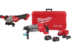 Milwaukee M18 FUEL 1-1/4" SDS Plus D-Handle Rotary Hammer Kit w/ ONE-KEY & M18 FUEL 4-1/2" / 5" Variable Speed Braking Grinder, Paddle Switch No-Lock Kit 2916-22 & 2888-20