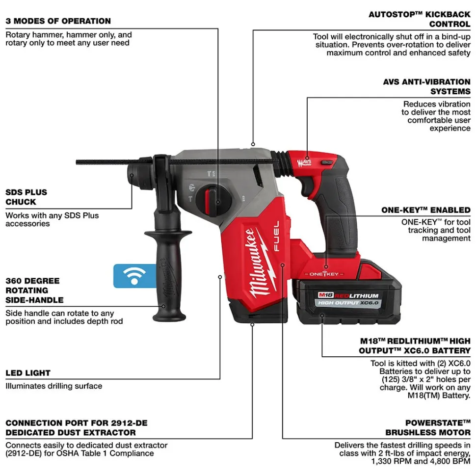 Milwaukee M18 FUEL 1" SDS Plus Rotary Hammer Dust Extractor Kit w/ ONE-KEY 2914-22DE