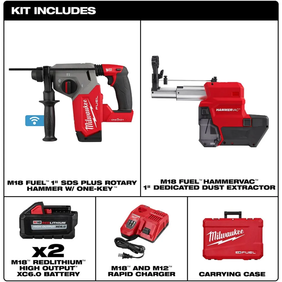 Milwaukee M18 FUEL 1" SDS Plus Rotary Hammer Dust Extractor Kit w/ ONE-KEY 2914-22DE