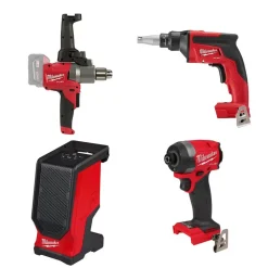 Milwaukee M18 FUEL Drywall Screw Gun, 180° Handle Mud Mixer, 1/4" Hex Impact Driver & Bluetooth Speaker Bare Tool Bundle