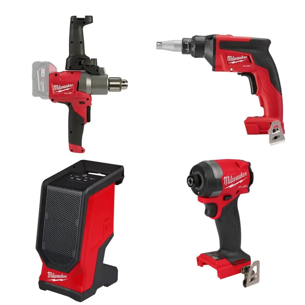 Milwaukee M18 FUEL Drywall Screw Gun, 180° Handle Mud Mixer, 1/4" Hex Impact Driver & Bluetooth Speaker Bare Tool Bundle