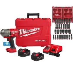 Milwaukee M18 FUEL High Torque Impact Wrench 1/2" Pin Detent ONE-KEY Kit + 31pc. Impact Duty Metric/SAE PACKOUT Deep Socket Set Bundle KIT-2862-22R-49-66-6806