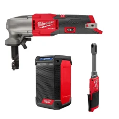 Milwaukee M12 FUEL INSIDER Extended Reach Box Ratchet, 16Ga. Variable Speed Nibbler & Radio/Charger Bare Tool Bundle