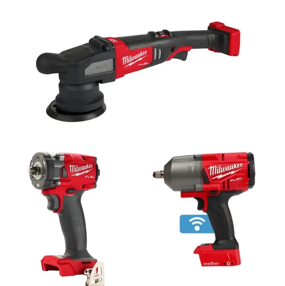 Milwaukee M18 FUEL ONE-KEY 1/2" High Torque & 3/8" Compact Friction Ring Impact Wrenches & 5" Random Orbital Polisher Bare Tool Bundle