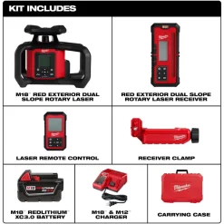 Milwaukee M18 Red Exterior Dual Slope Rotary Laser Level Kit w/ Receiver & Remote 3704-21