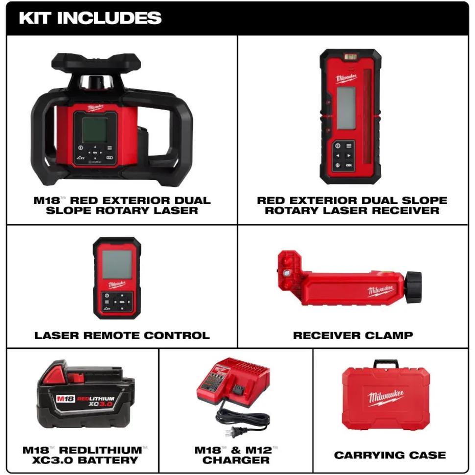 Milwaukee M18 Red Exterior Dual Slope Rotary Laser Level Kit w/ Receiver & Remote 3704-21