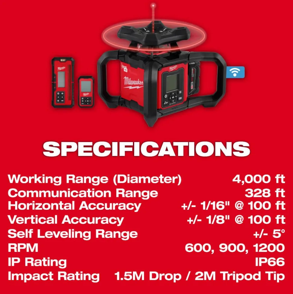 Milwaukee M18 Red Exterior Dual Slope Rotary Laser Level Kit w/ Receiver & Remote 3704-21