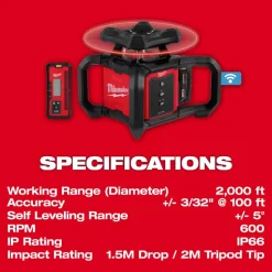 Milwaukee M18 Red Exterior Rotary Laser Level Kit w/ Receiver, Tripod, & Grade Rod 3701-21T