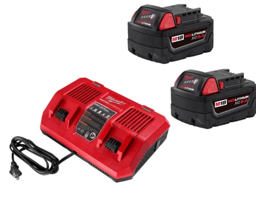 Milwaukee M18 REDLITHIUM XC5.0 Extended Capacity Battery 2-Pack & M18 Dual Bay Simultaneous Rapid Charger Kit 48-11-1852 & 48-59-1802