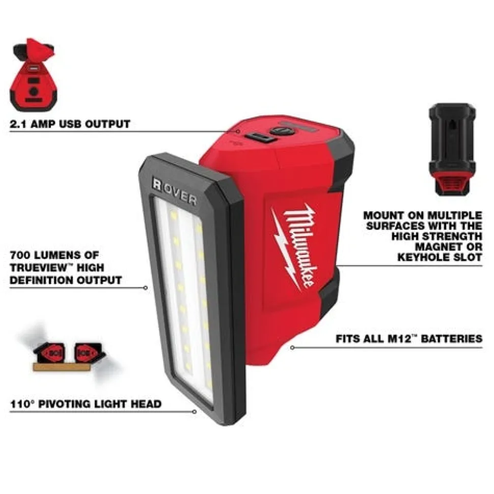 Milwaukee M12 ROVER Pivot Service Flood Light LED 700 Lumens & USB Charging 2367-20