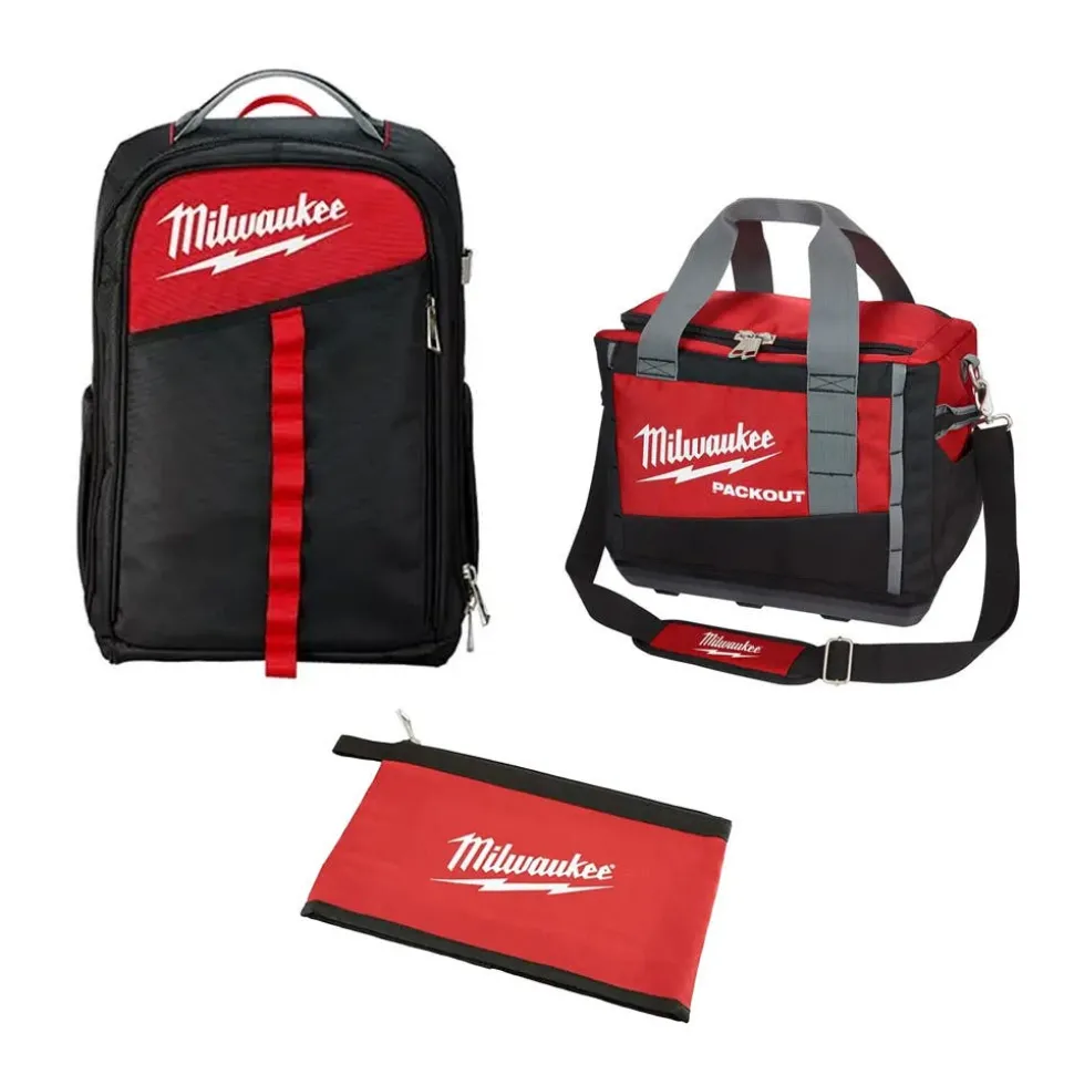 Milwaukee PACKOUT 15" Softside Bag, 26 Pocket Backpack, & Black Zipper Pouch Bundle
