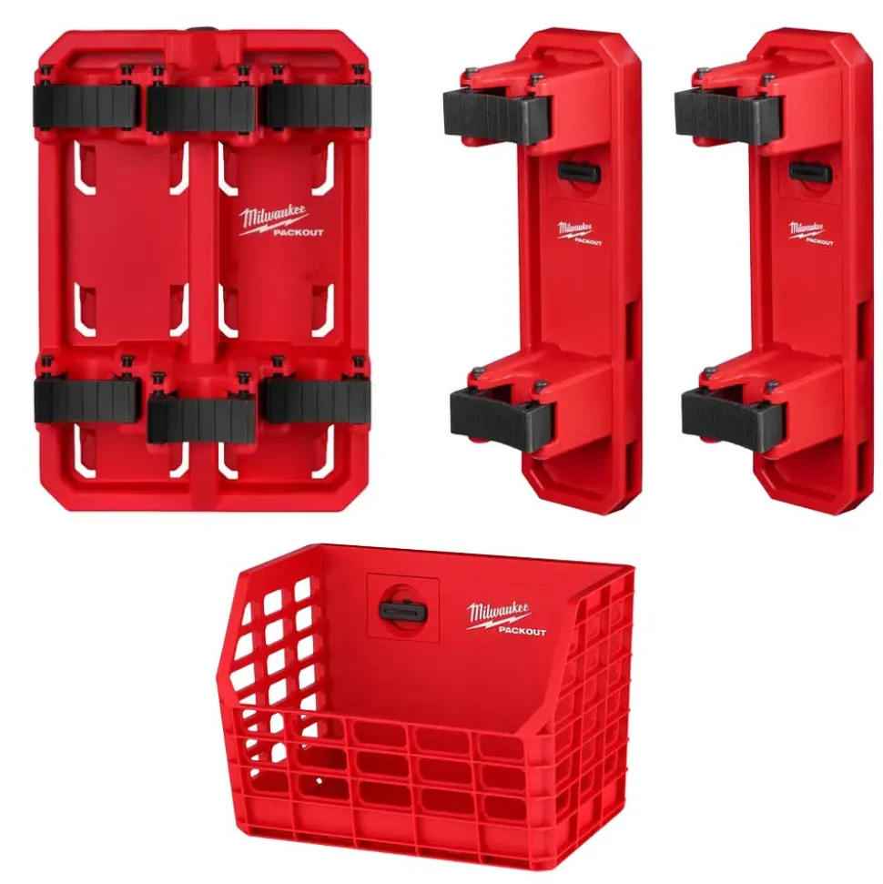 Milwaukee PACKOUT Long Handle Rack, (2) Long Handle Holders, & Compact Basket Accessory Bundle