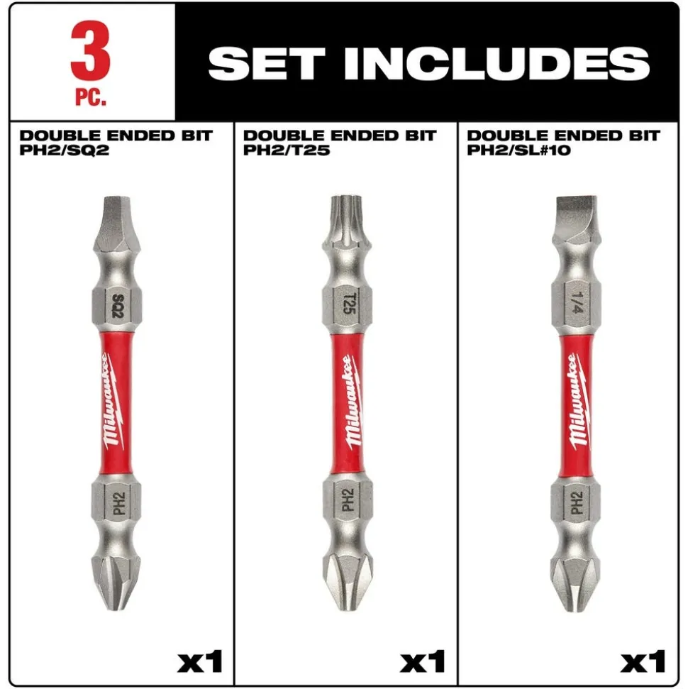 Milwaukee SHOCKWAVE Impact Duty PH2/SQ2/T25 Double Ended Bits 3 Piece 48-32-4319