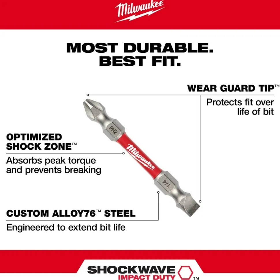 Milwaukee SHOCKWAVE Impact Duty PH2/SQ2/T25 Double Ended Bits 3 Piece 48-32-4319