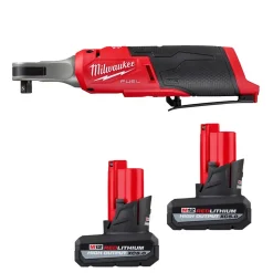 Milwaukee Tools (2) M12 REDLITHIUM HIGH OUTPUT XC5.0 Battery Pack and M12 FUEL 3/8" High Speed Ratchet KIT-48-11-2450-48-11-2450-2567-20