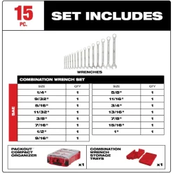 Milwaukee Tools 15 Piece SAE Combination Wrench Set with PACKOUT Compact Organizer 48-22-9484