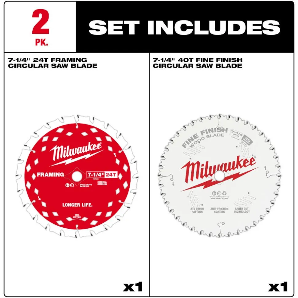 Milwaukee Tools 7-1/4" 24T Framing and 40T Fine Finish Circular Saw Combo Pack - 2PK 48-40-0725