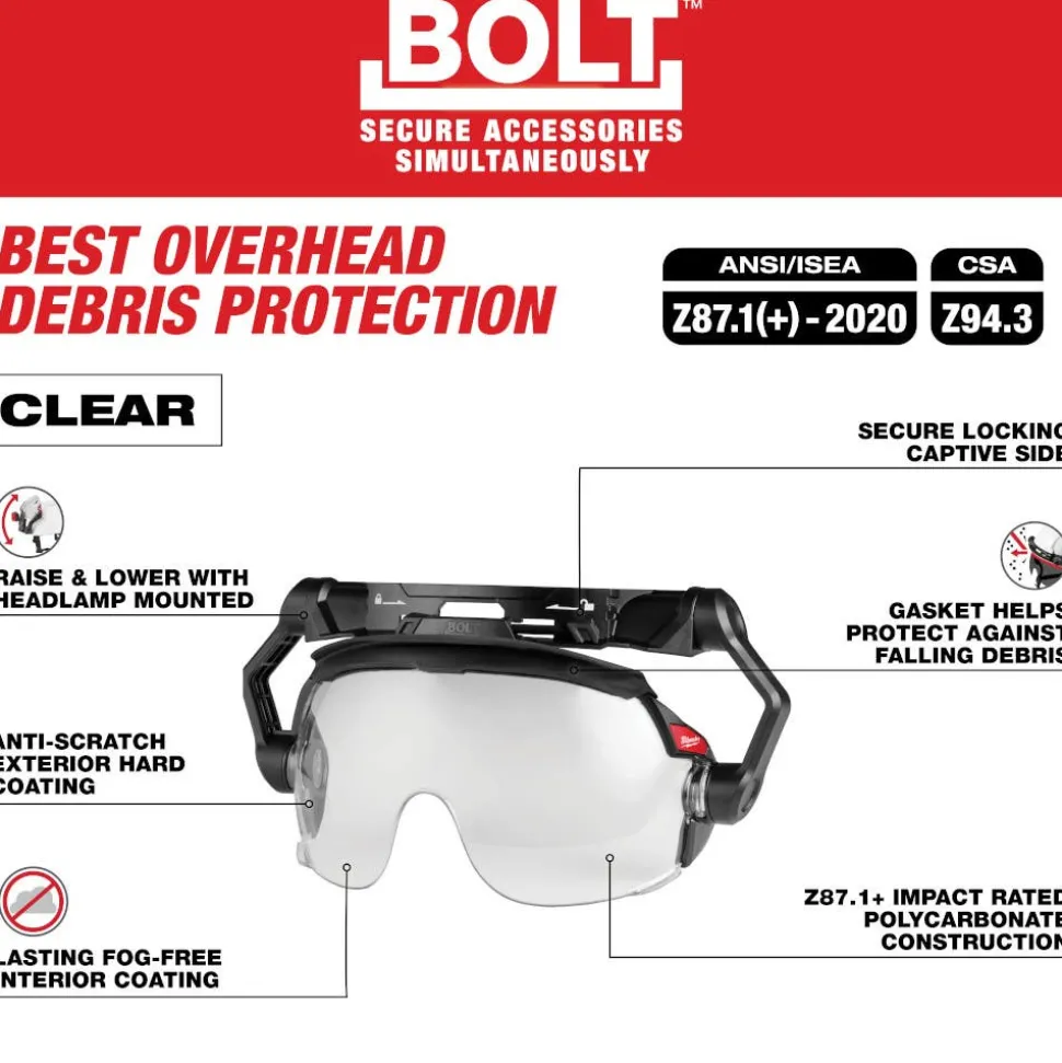 Milwaukee Tools BOLT Gasketed Eye Visor - Clear Dual Coat Lens (Compatible with Milwaukee BOLT Safety Helmets & BOLT Hard Hats) 48-73-1412