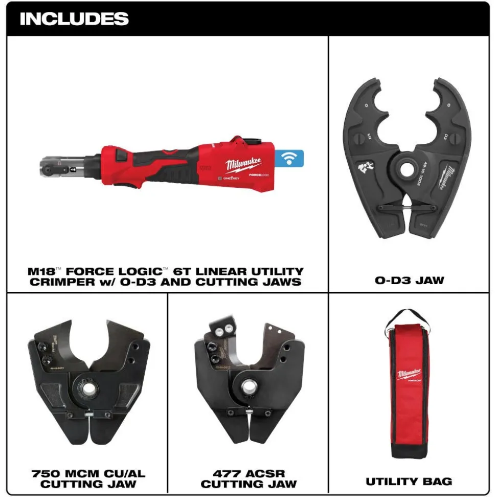 Milwaukee Tools M18™ FORCE LOGIC™ 6T Linear Utility Crimper w/ O-D3 Jaw & Cutting Jaws 2978-OCUT