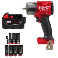 Milwaukee Tools M18 FUEL 3/8" Mid-Torque Impact Wrench w/ Friction Ring (Bare Tool), M18 REDLITHIUM XC5.0 Resistant Battery, and 8 Piece Shockwave Impact Duty 3/8" Drive Metric Deep 6 Point Socket Set KIT-2960-20-48-11-1850R-49-66-7021