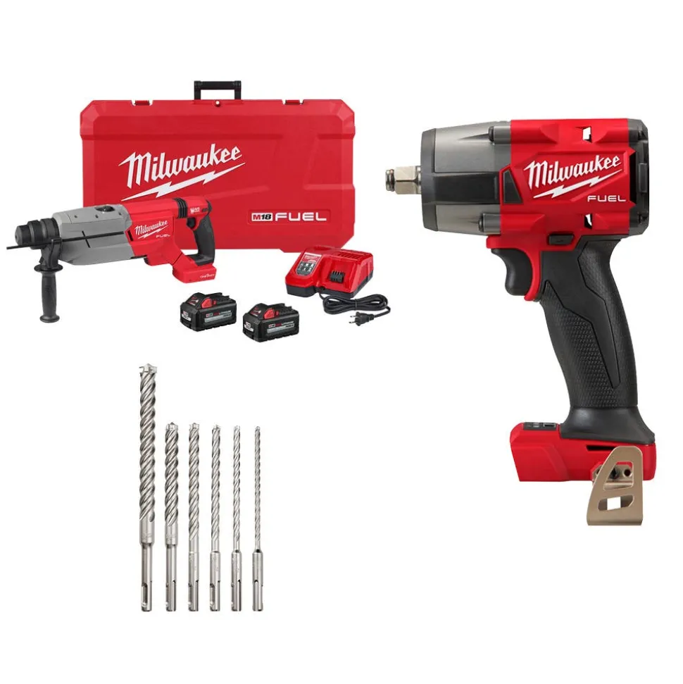 Milwaukee Tools M18 FUEL 1-1/4" SDS Plus D-Handle Rotary Hammer Kit w/ ONE-KEY, M18 FUEL 1/2" Mid-Torque Impact Wrench w/ Friction Ring (Bare Tool), and SDS-Plus MX4 4-Cutter Rotary Hammer Drill Bits - 6pc Kit KIT-2916-22-2962-20-48-20-7499