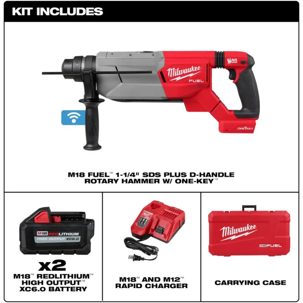 Milwaukee Tools M18 FUEL 1-1/4" SDS Plus D-Handle Rotary Hammer Kit w/ ONE-KEY, M18 FUEL 1/2" Mid-Torque Impact Wrench w/ Friction Ring (Bare Tool), and SDS-Plus MX4 4-Cutter Rotary Hammer Drill Bits - 6pc Kit KIT-2916-22-2962-20-48-20-7499