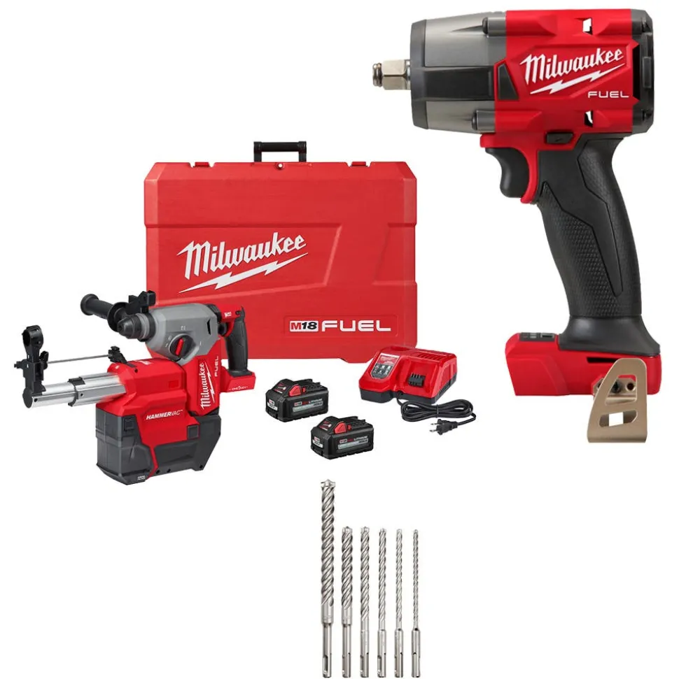 Milwaukee Tools M18 FUEL 1" SDS Plus Rotary Hammer Dust Extractor Kit w/ ONE-KEY, M18 FUEL 1/2" Mid-Torque Impact Wrench w/ Friction Ring (Bare Tool), and SDS-Plus MX4 4-Cutter Rotary Hammer Drill Bits - 6pc Kit KIT-2914-22DE-2962-20-48-20-7499